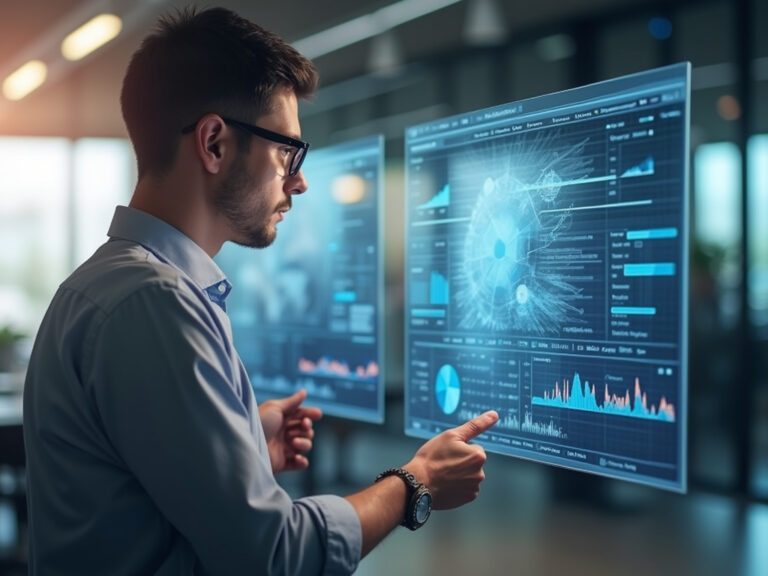 Caucasian male comparing Full Circle Insights and Factors.Ai in office