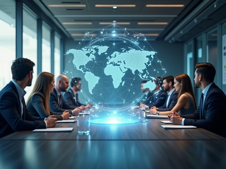 Diverse professionals analyzing holographic gartner sd wan magic quadrant