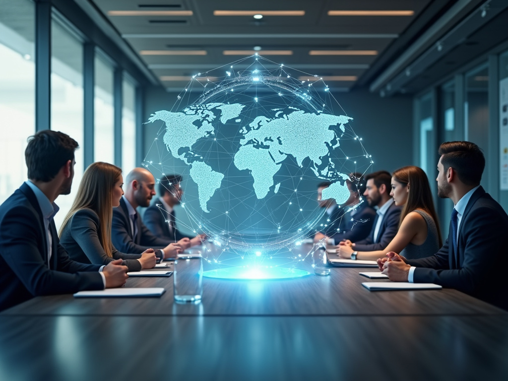 Diverse professionals analyzing holographic gartner sd wan magic quadrant