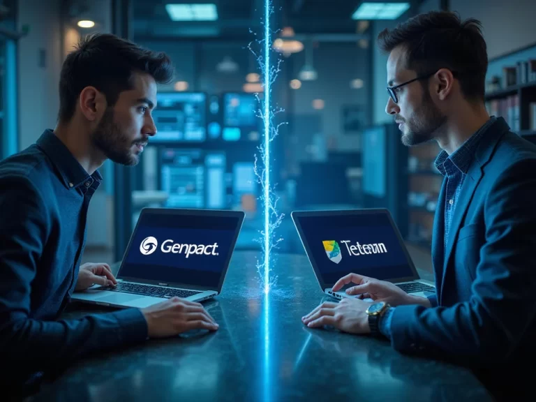 Genpact and Stefanini TechTeam logos on laptops in a tech environment
