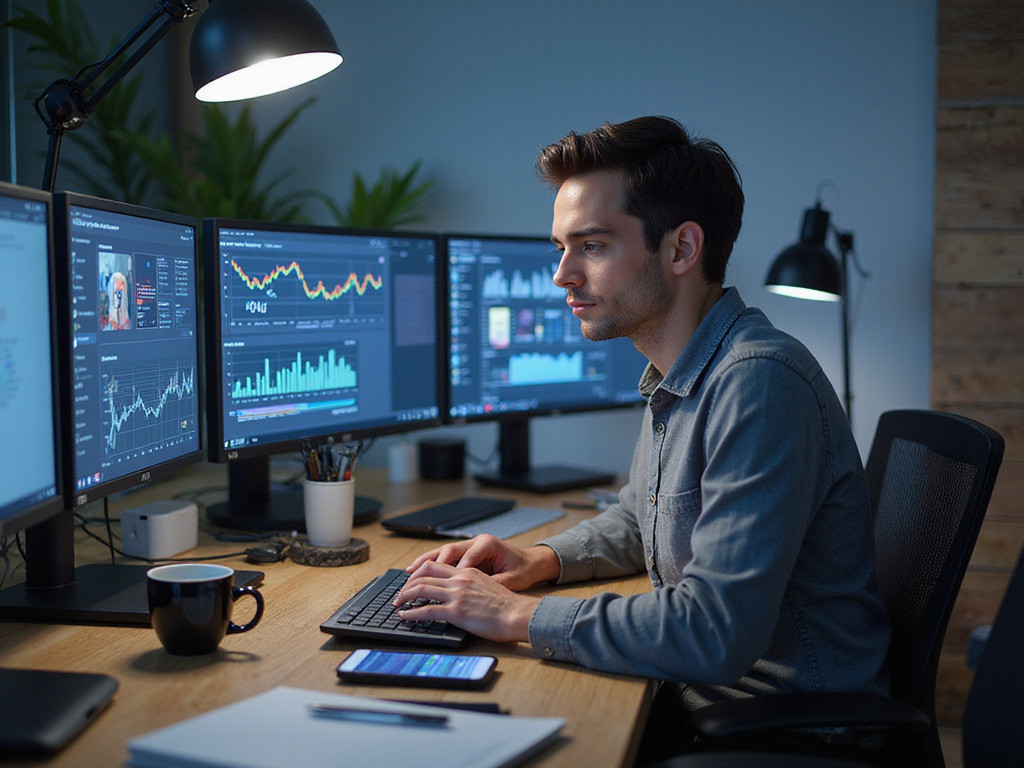 Tech-savvy professional analyzing Infinigrow Marketing Platform on high-end devices.