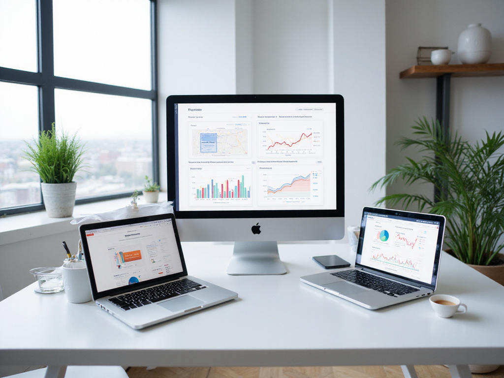 Infinigrow and Factors.Ai interfaces on laptop and monitor in a modern office