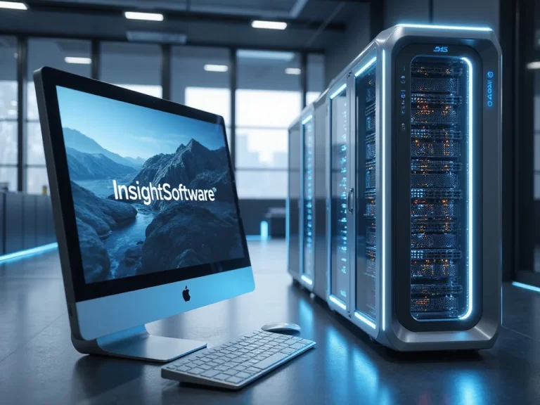 Futuristic InsightSoftware computer and SAS server rack in advanced environment