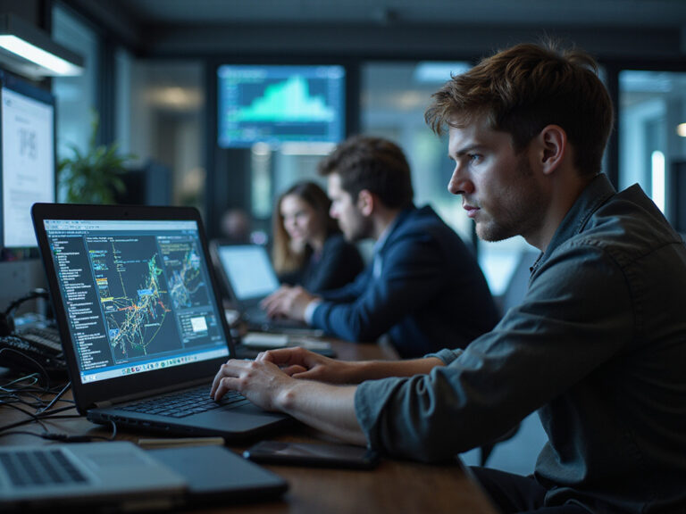 Young professional analyzing juniper sd wan technology in modern office