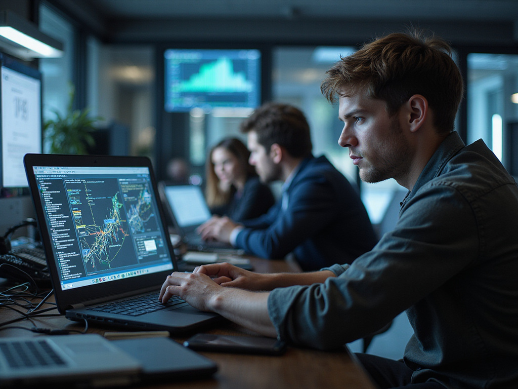 Young professional analyzing juniper sd wan technology in modern office