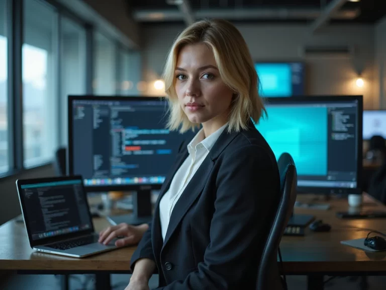 Blonde professional comparing Kaspersky and Sophos in a tech-savvy office setting.
