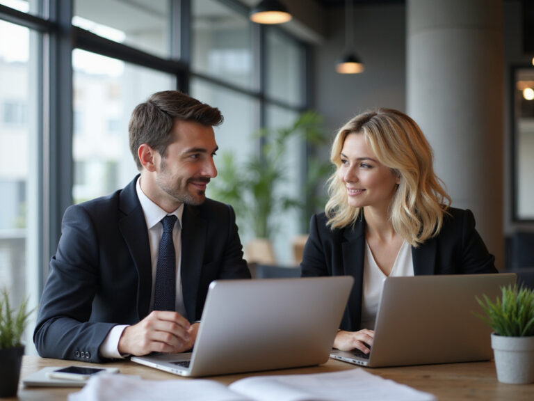 Professionals discussing Hockeystack vs Leadsrx in modern office environment
