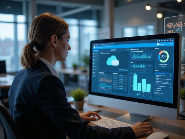 Professional working on Meraki SD-WAN in modern tech workspace