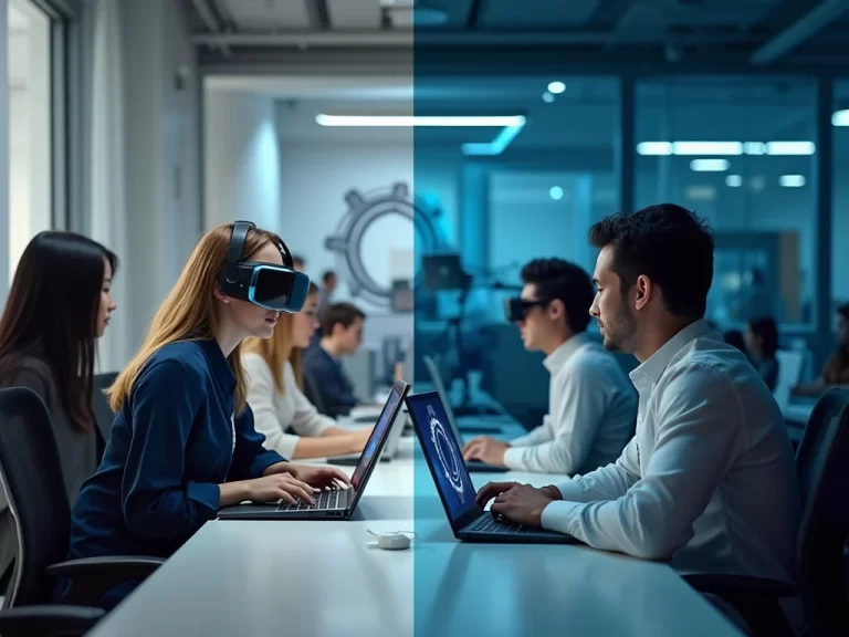 Professional tech scene comparing NICE headsets and adaptable Pega Systems
