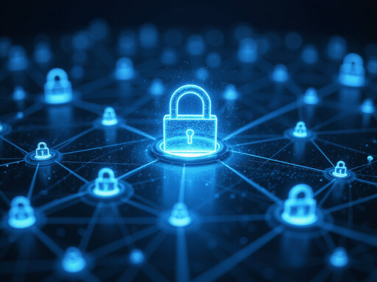 Abstract representation of Okta Zero Trust approach with secure network icons