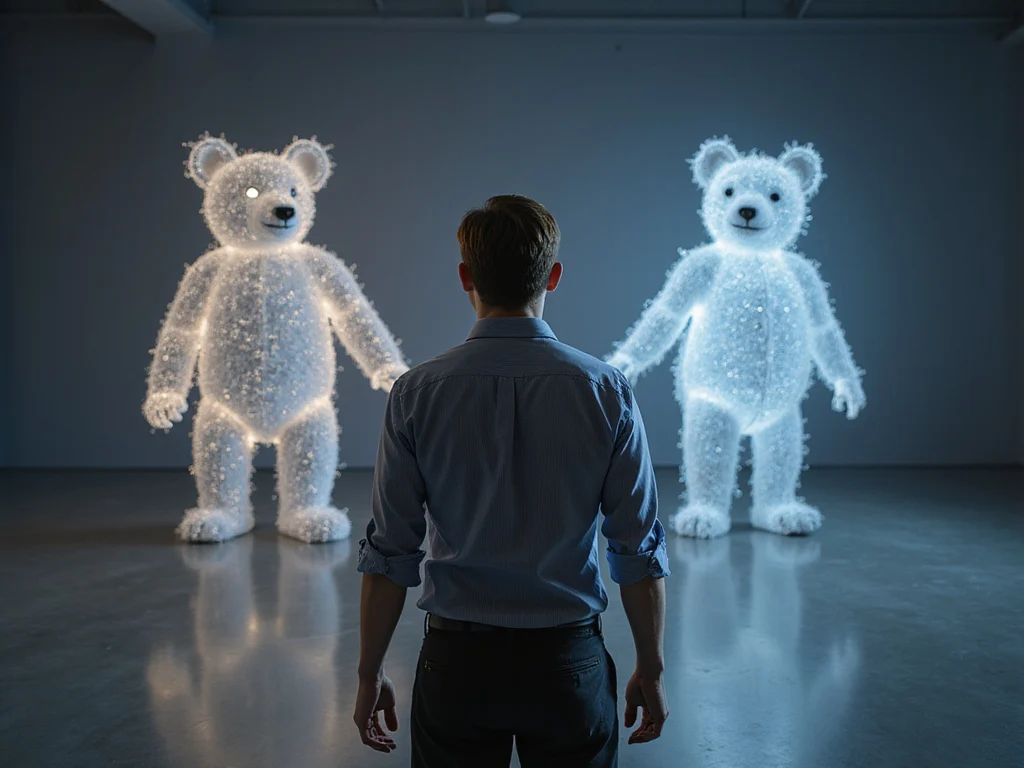 Casually dressed man comparing Original Software and SmartBear holograms