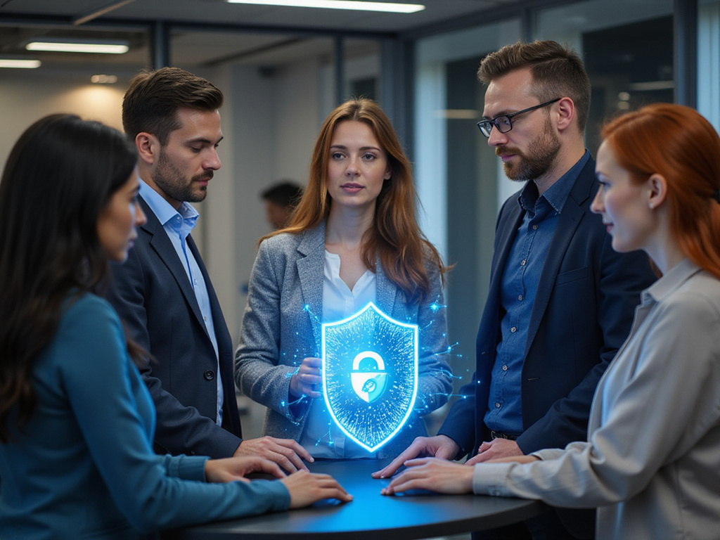 Professionals discussing OX Security pricing over a hologram app shield