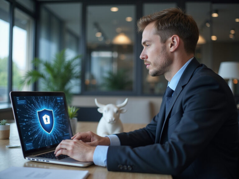 Man in suit working on laptop with OX Security review icons