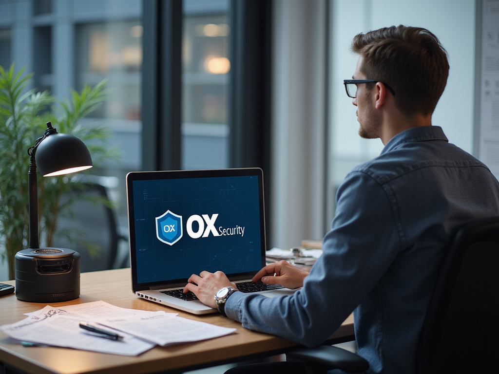 Professional working on OX Security sign up in tech office
