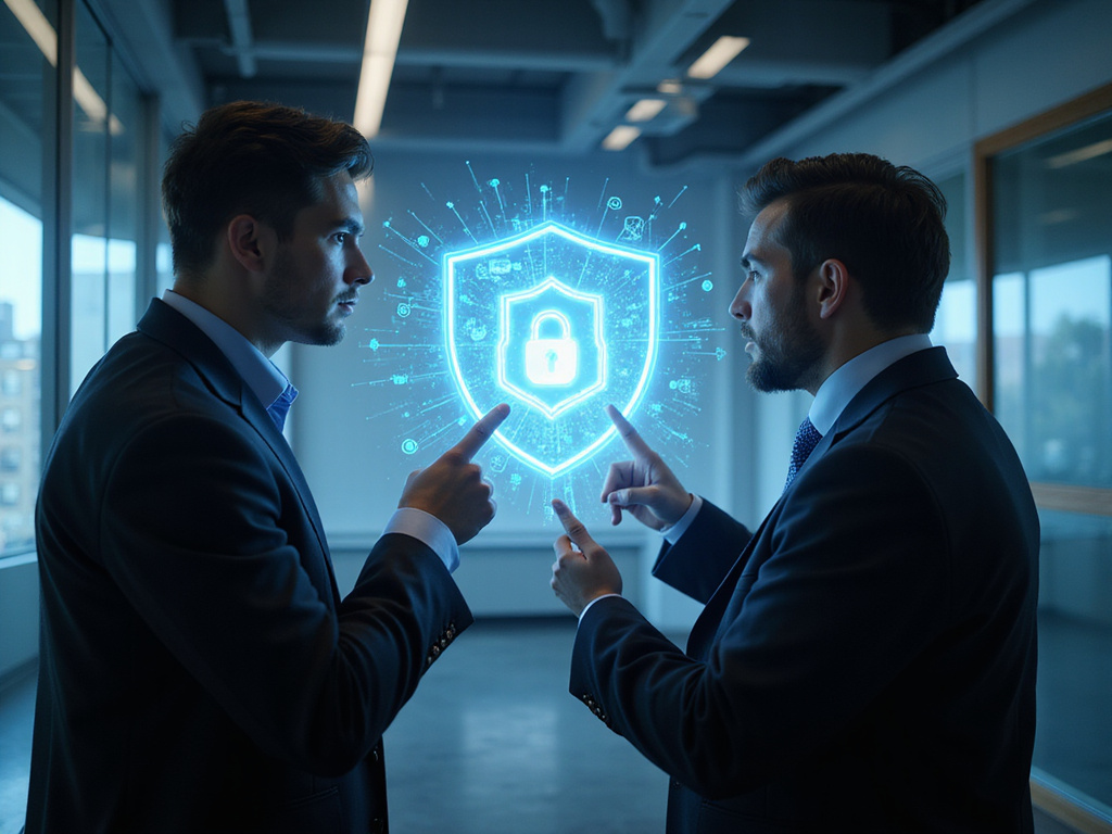 Business professionals discussing OX Security vs Veracode on a 3D screen