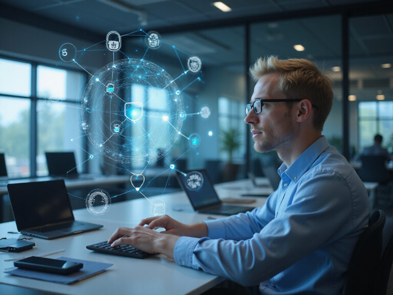 Palo Alto SASE representative interacting with holographic cybersecurity display