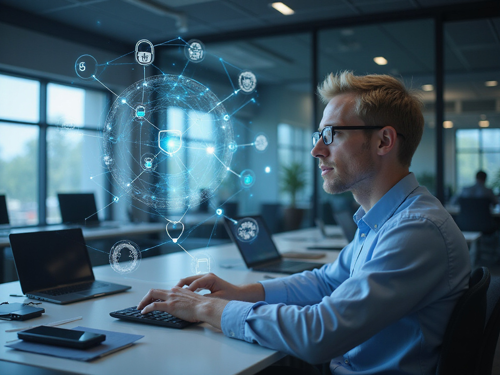 Palo Alto SASE representative interacting with holographic cybersecurity display