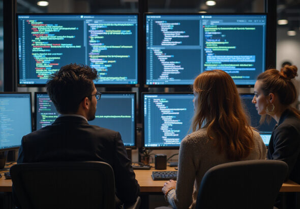 Developers receiving real-time security guidance in modern workspace