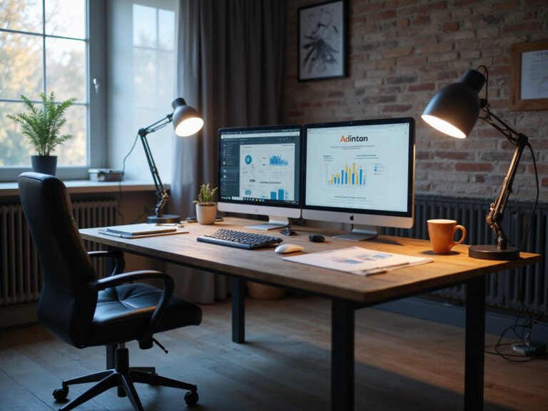 Modern desk scene comparing Revsure and Adinton websites on screens