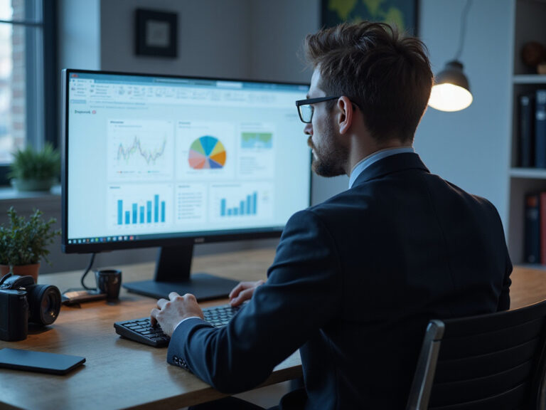 Businessman reviewing Ruler Analytics on computer in modern office
