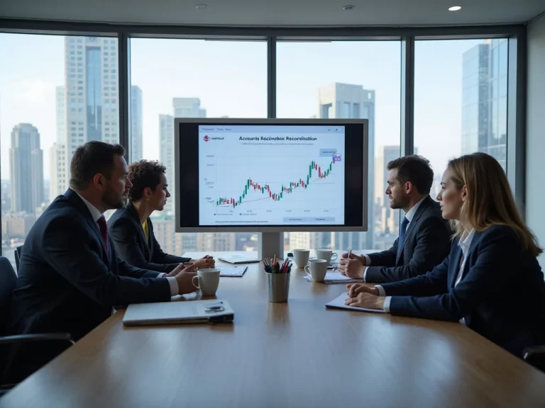 Diverse team analyzing accounts receivable reconciliation in modern boardroom