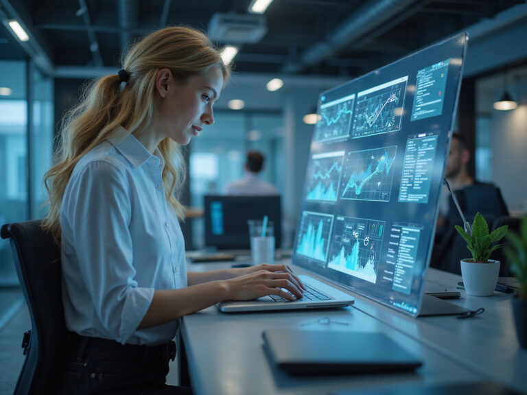 Blonde professional evaluating SASE Cloud data on futuristic device