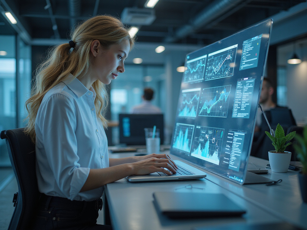 Blonde professional evaluating SASE Cloud data on futuristic device