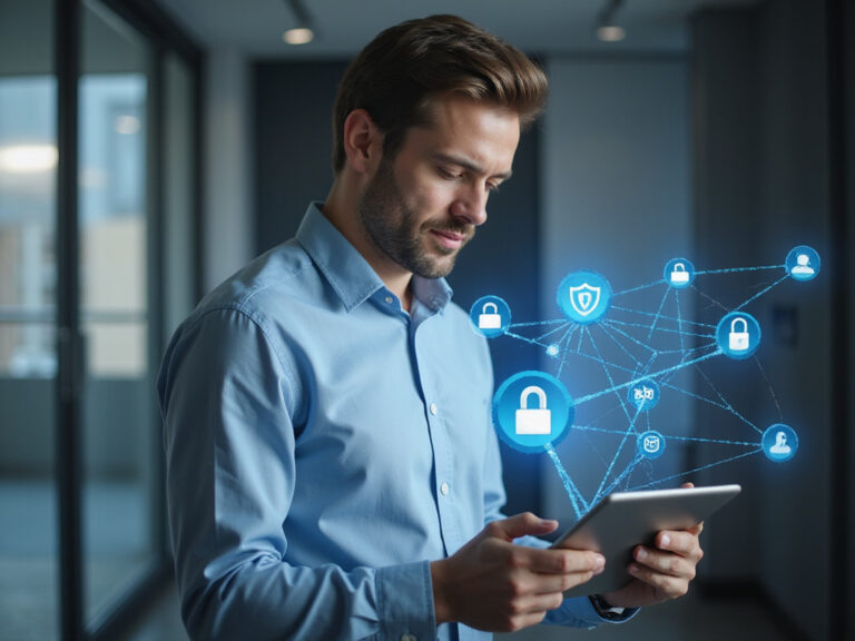 Caucasian man presenting SASE Gartner Magic Quadrant on digital tablet