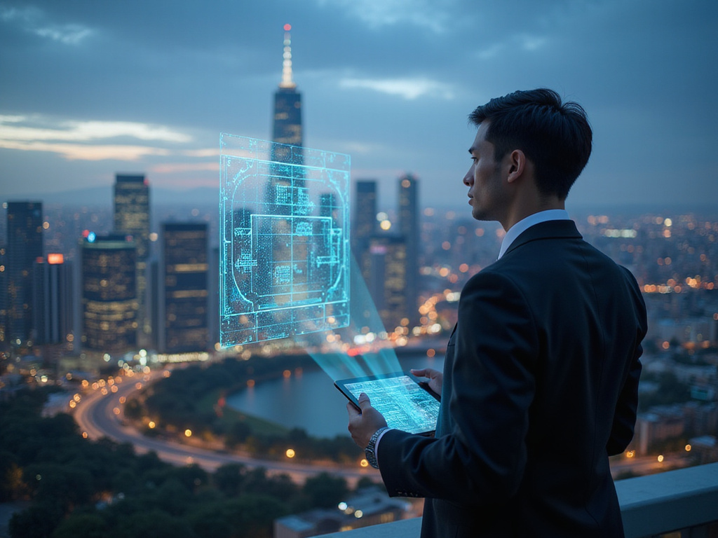 Businessman with digital tablet displaying SASE Magic Quadrant against cyber cityscape.