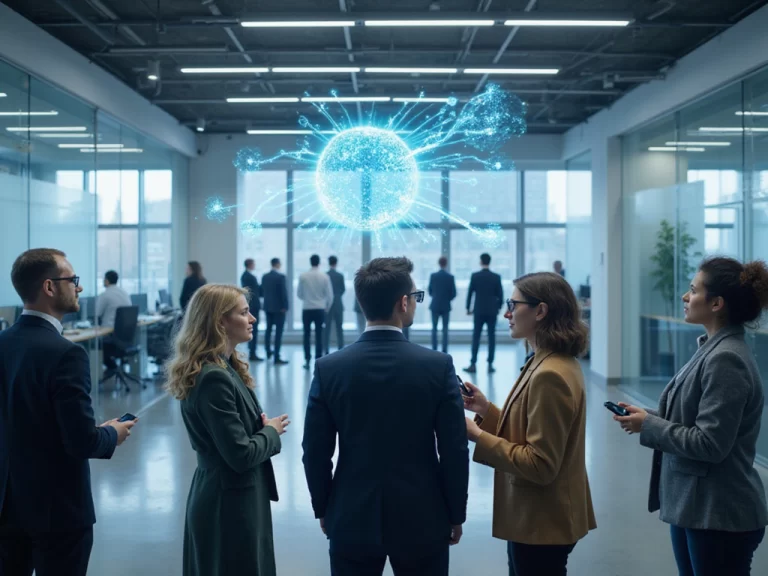 Futuristic corporate office illustrating SASE meaning with diverse tech users