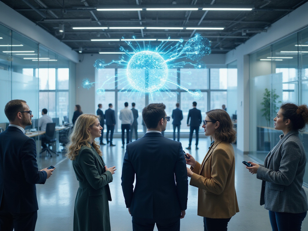 Futuristic corporate office illustrating SASE meaning with diverse tech users