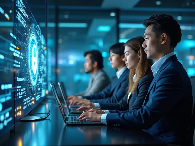 Diverse team using sase solutions in modern, secure office environment