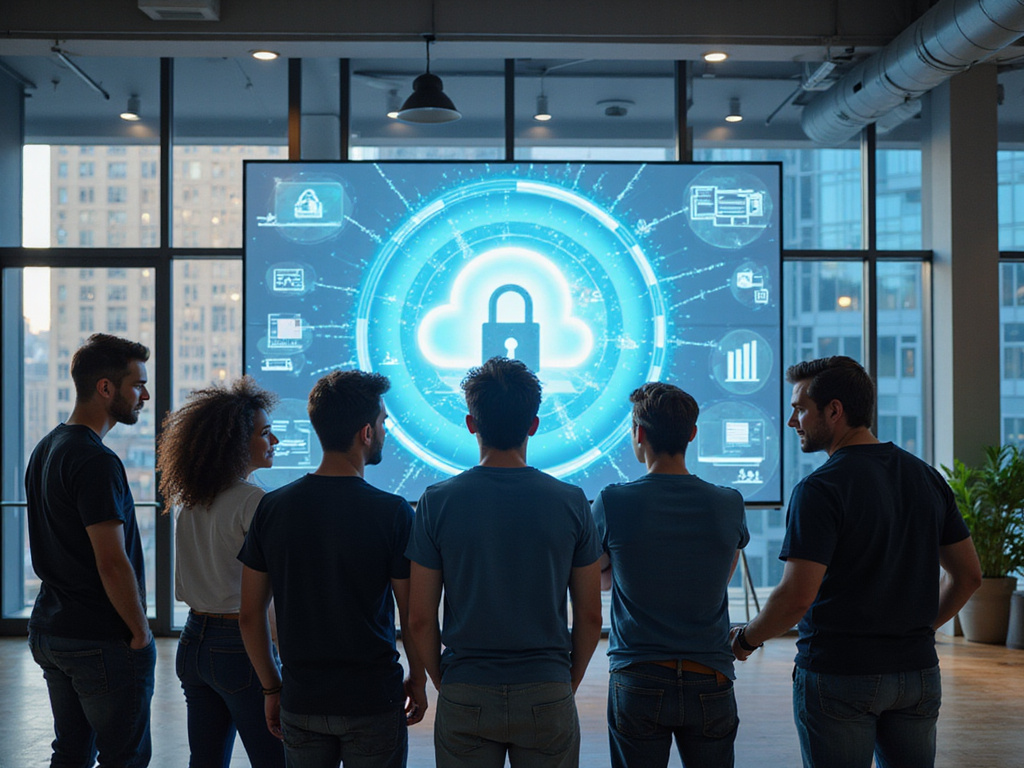 Professionals discussing SASE technology in a modern tech office