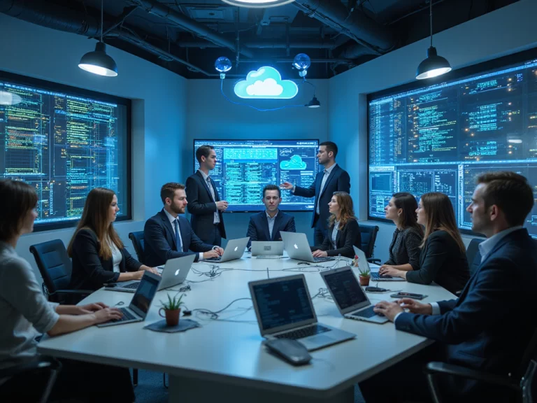 Professionals discussing SD-WAN and multi-cloud integration in a tech office