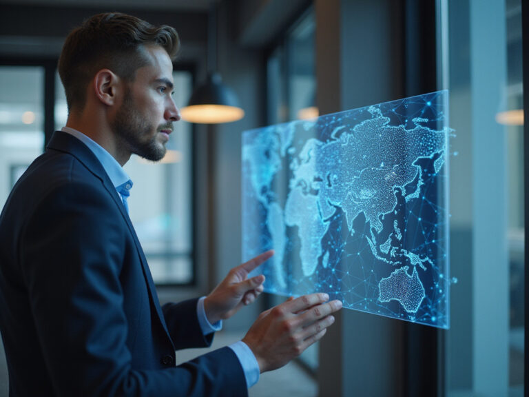 Professional analyzing futuristic SD-WAN network map representation