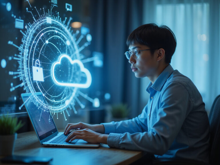 Professional working remotely on futuristic SD WAN network