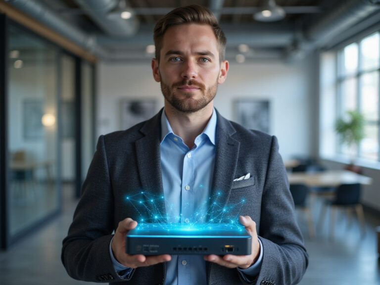 Professional man holding glowing SD WAN router in modern office
