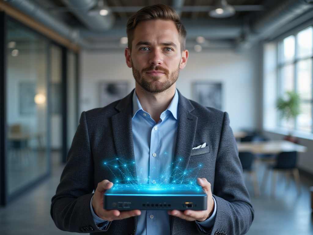 Professional man holding glowing SD WAN router in modern office