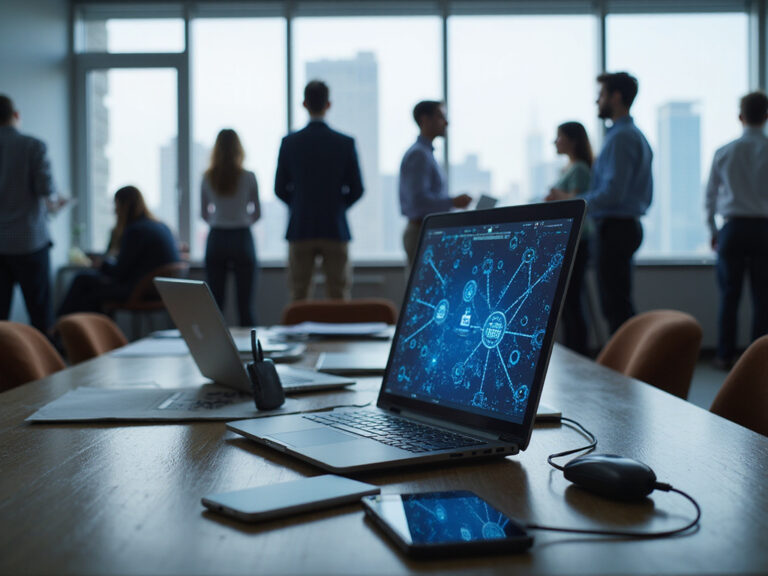 Modern office setup showcasing SD WAN solutions on laptop screen