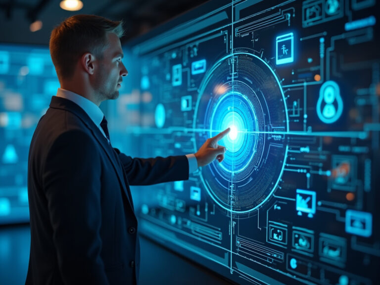 Professional operating Netskope ZTNA digital panel in futuristic setting