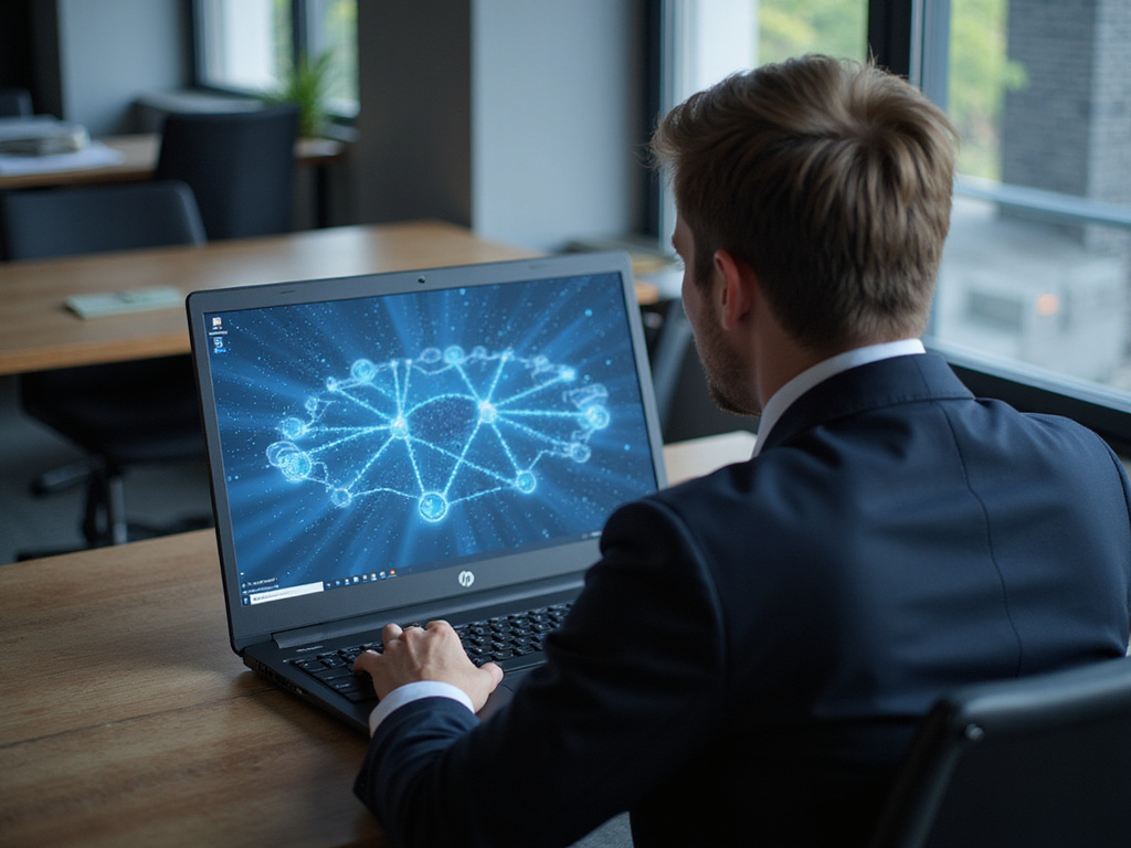 Businessman using laptop displaying silver peak SD-WAN network nodes