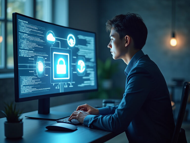 Single vendor SASE professional studying cybersecurity symbols