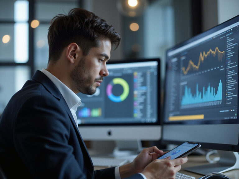 Man conducting in-depth Singular Review in a tech-focused workspace