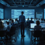 Diverse professionals in SOC management setting with complex data screens