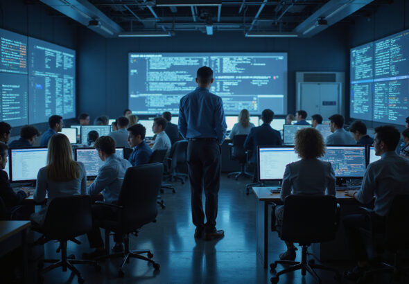 Diverse professionals in SOC management setting with complex data screens