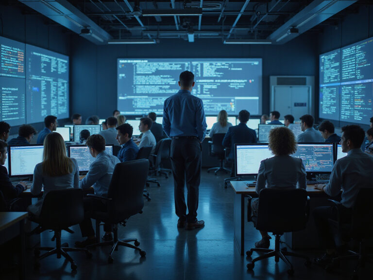 Diverse professionals in SOC management setting with complex data screens