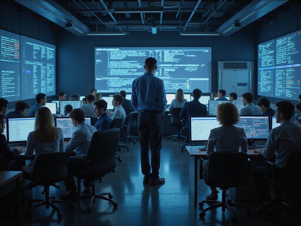 Diverse professionals in SOC management setting with complex data screens