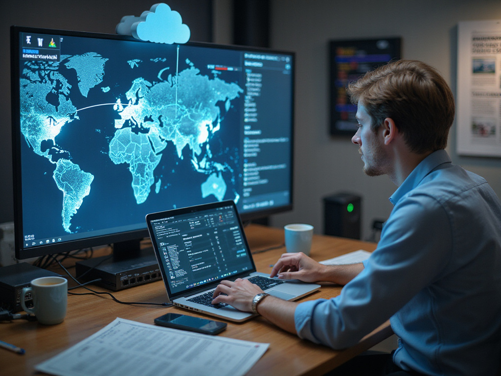 Male professional using software defined WAN solutions on laptop