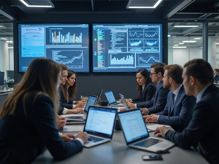 Diverse professionals analyzing data with Supermetrics alternatives on devices