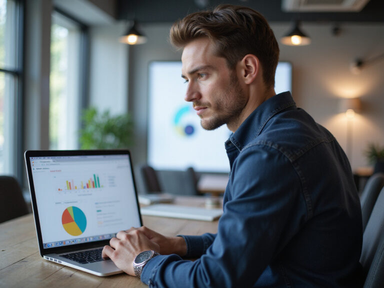 Tech-savvy individual reviewing Supermetrics on laptop in modern office